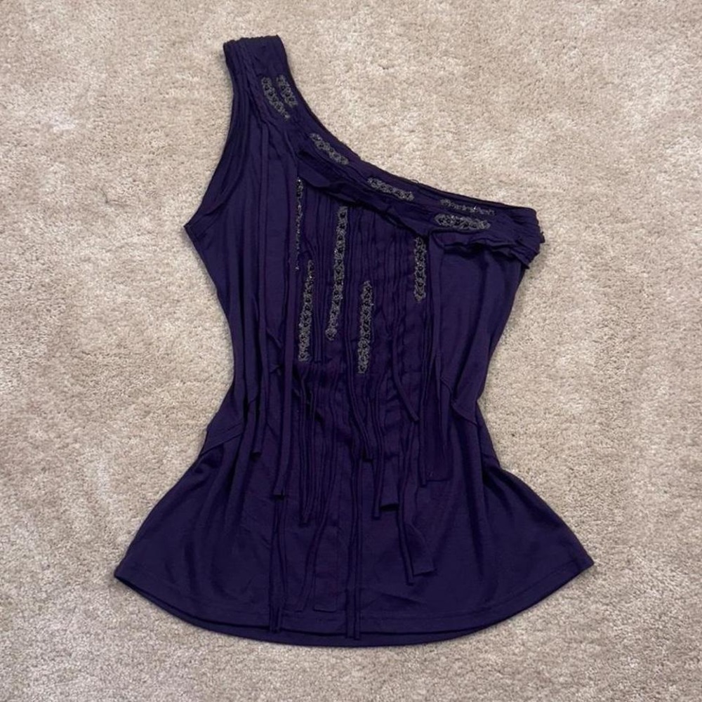 2000's-2010's Forever 21 Purple One Shoulder Fringe Beaded Top  Size S